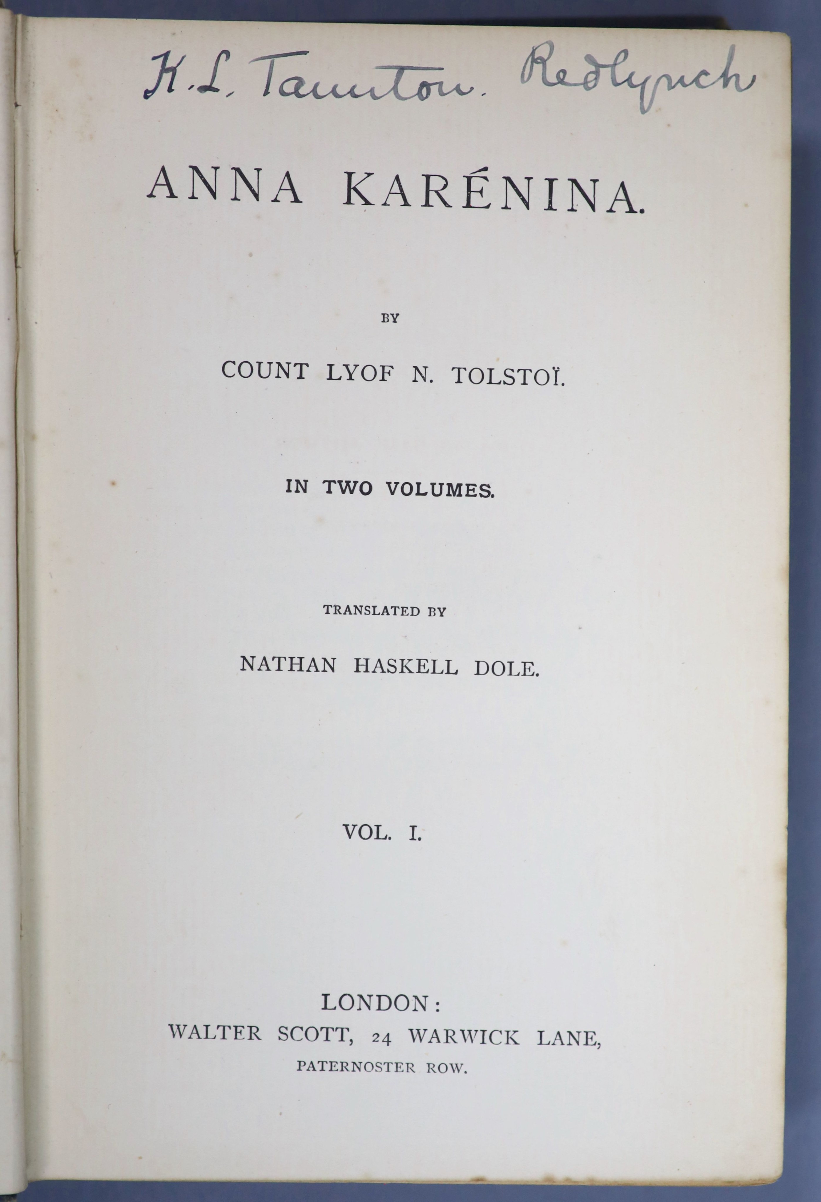 Tolstoy, Leo - Anna Karenina, 2 vols, 8vo, original blue cloth gilt, split to rear joint vol. 1, Walter Scott, London, c.1889